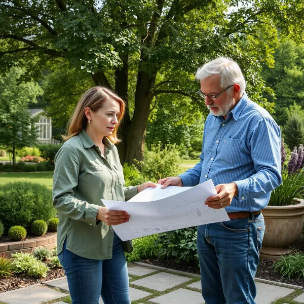 Arborist and landscape designer discussing plans with a client