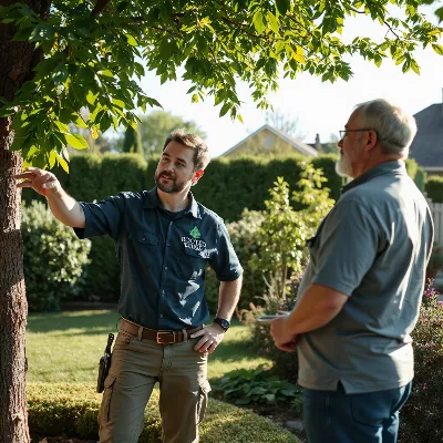 Arborist explaining tree care to a homeowner in a lush garden