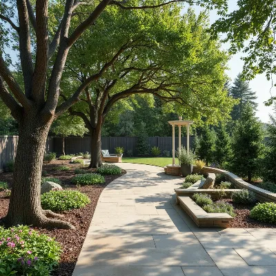 Beautifully designed landscape integrating trees and hardscape